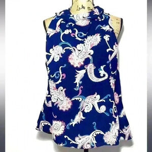 Laundry Shelly Segal Navy Paisley Loose Neck Sleeveless Top Blouse Size S